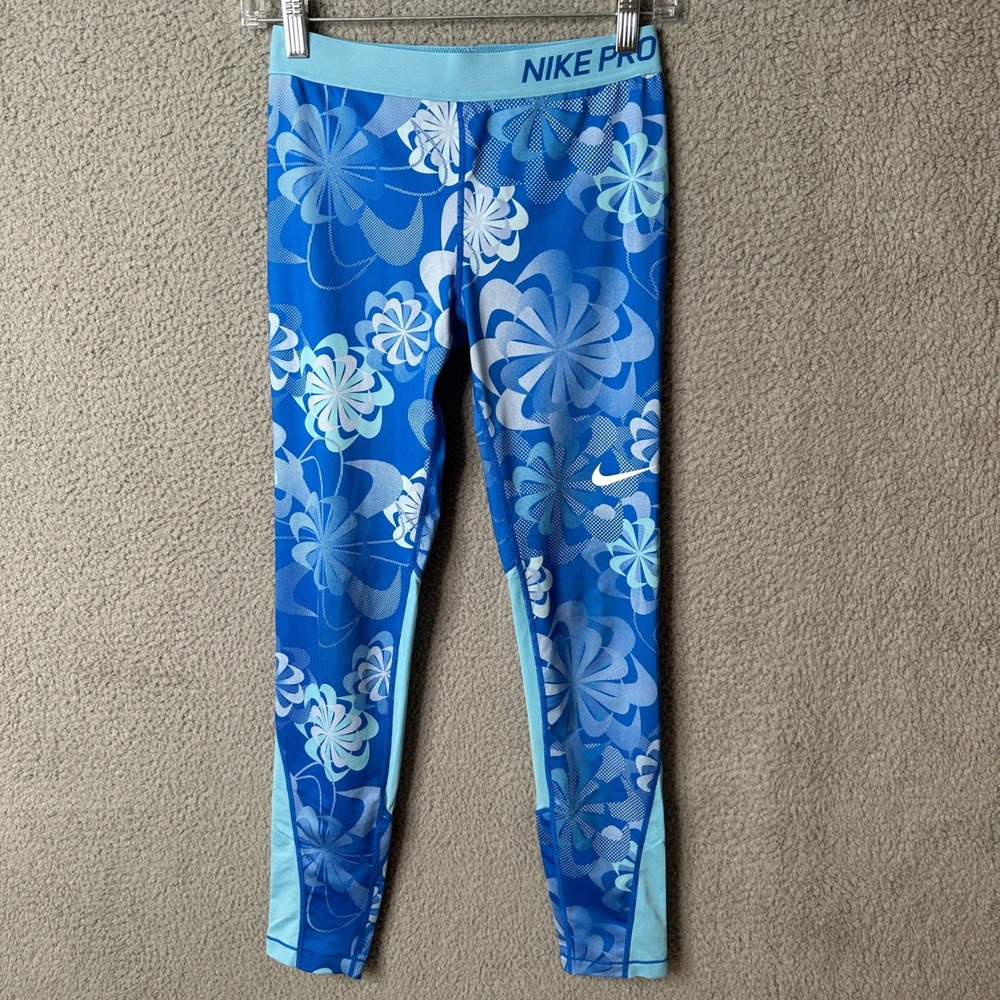 Nike Pro‎ Floral Blue Training Leggings Girls XL Athleisure Gym Sports Casual